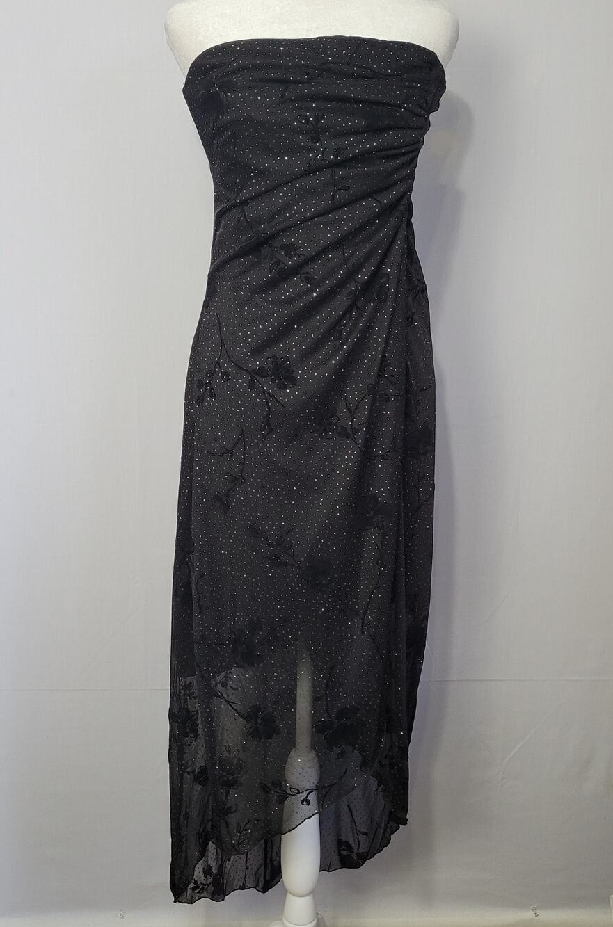 Vintage Y2K Strapless Ruched Asymmetrical Dress sz L Black Floral Whimsigoth USA